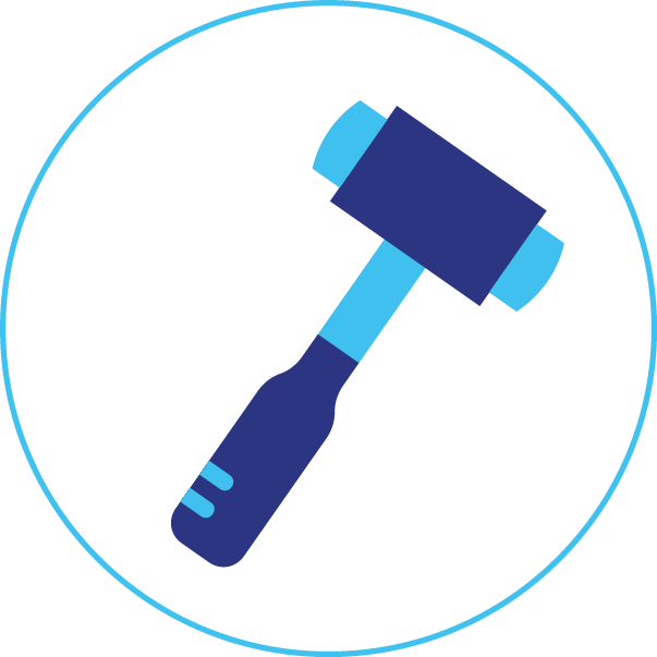 A blue hammer is in a blue circle on a white background.