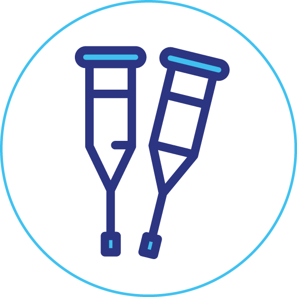 A pair of crutches in a blue circle on a white background.