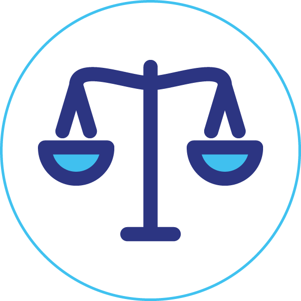 A blue scale of justice in a circle on a white background.