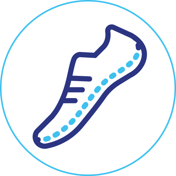 A blue icon of a running shoe in a circle.