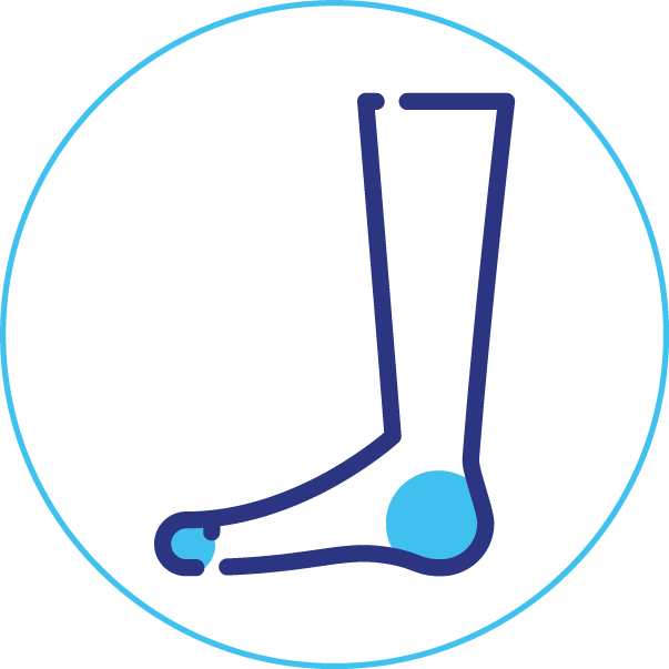 An icon of a person 's foot with a blue circle around it.