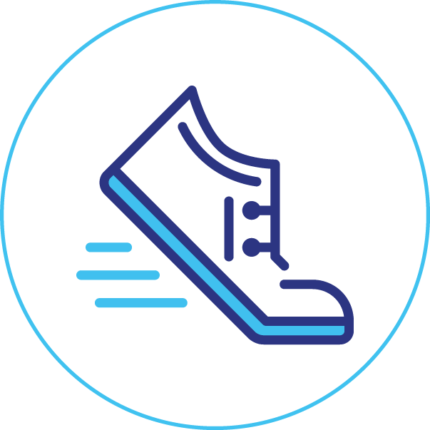 A blue and white icon of a running shoe in a circle.