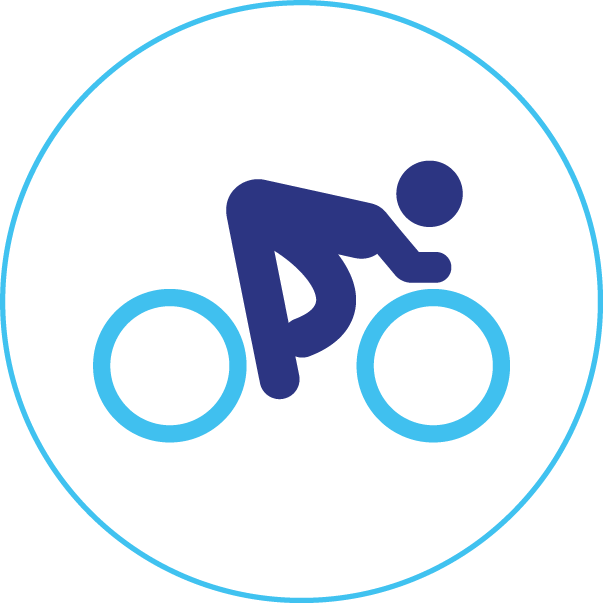 A person is riding a bike in a blue circle.