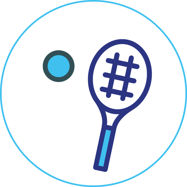 An icon of a tennis racket and ball in a circle.