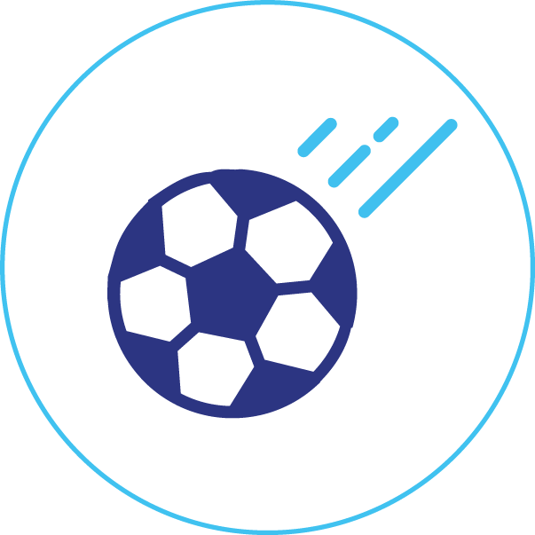 A soccer ball is flying through the air in a blue circle.