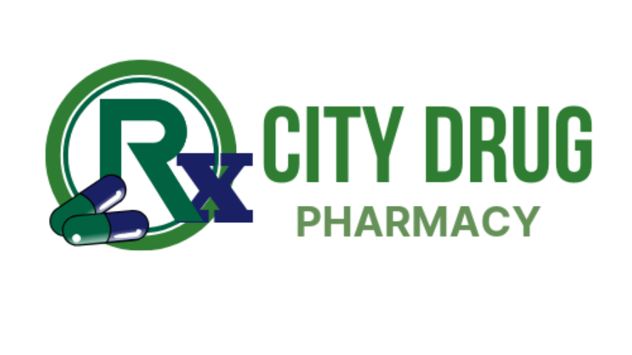 City Drug Pharmacy logo: green Rx symbol inside a circle, blue capsules, text.