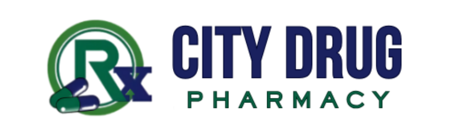 City Drug Pharmacy logo with green Rx symbol, pills, and text.