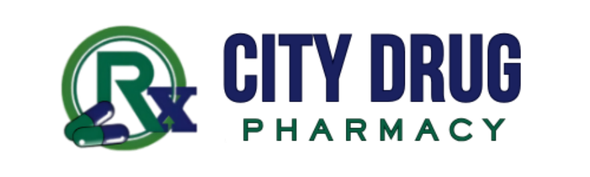 City Drug Pharmacy logo: green Rx symbol inside a circle, pills, and text.