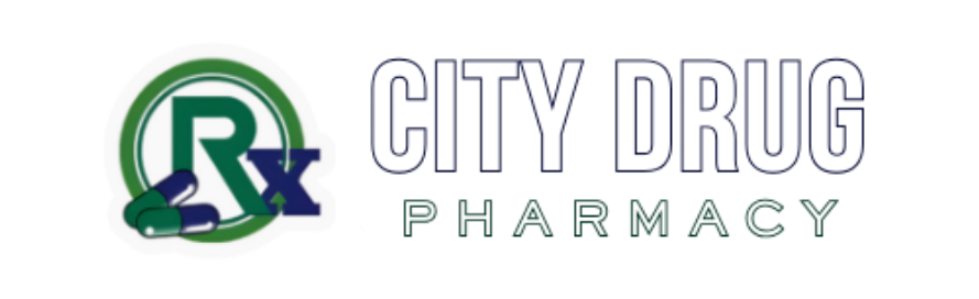 Logo for City Drug Pharmacy: Green hand cradles a blue cross within a black circle. Below, 
