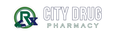Logo for City Drug Pharmacy: Green hand cradles a blue cross within a black circle. Below, 