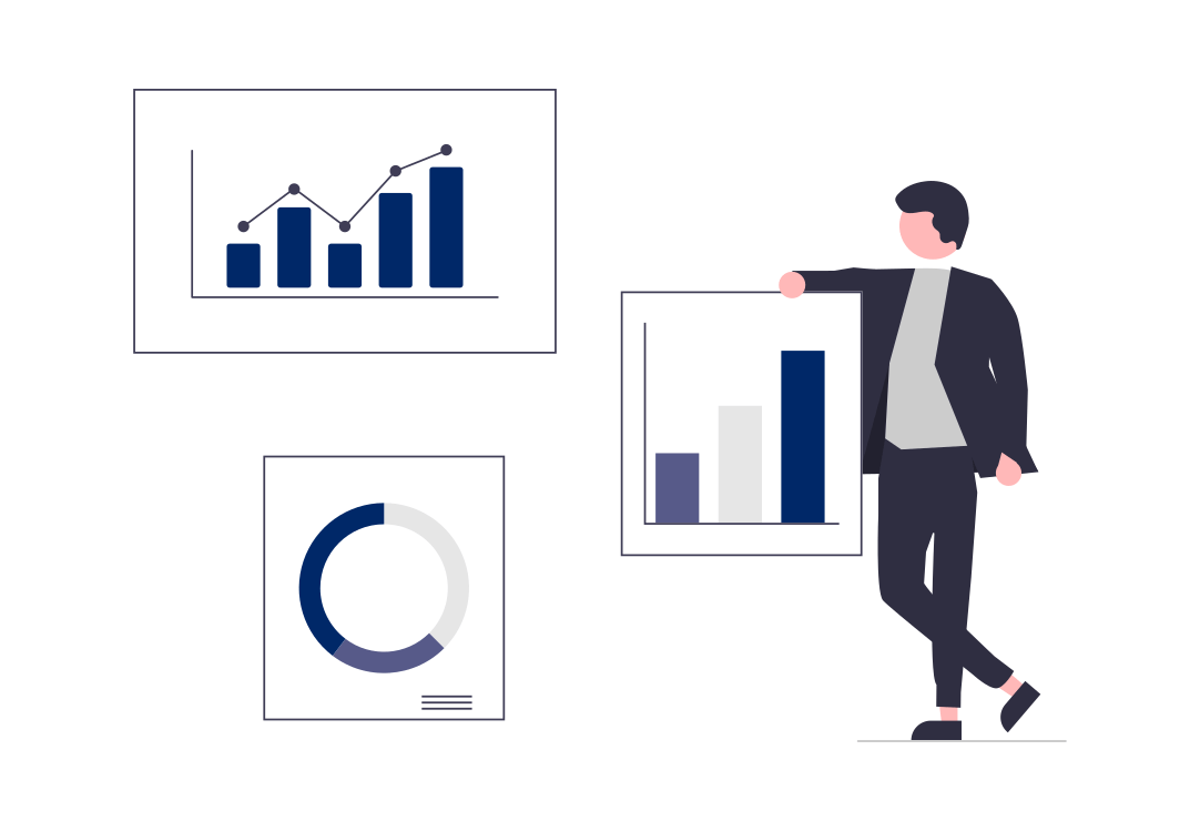 A man in a suit is standing next to three graphs.