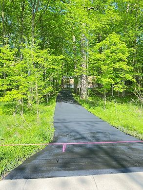 A black asphalt driveway going through a lush green forest.