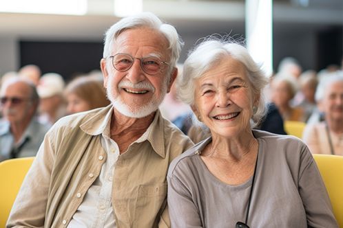 A man and a woman are sitting next to each other on a couch and smiling.