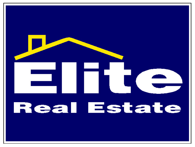 A blue and white logo for elite real estate
