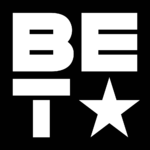 a white logo with the words `` be t '' and a star on a black background .