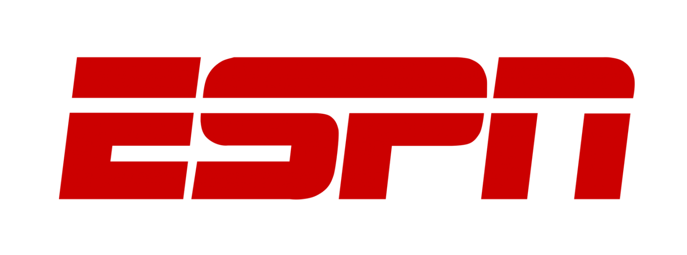 the espn logo is red and white on a white background .
