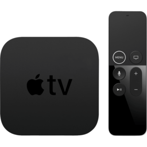 an apple tv box next to a remote control