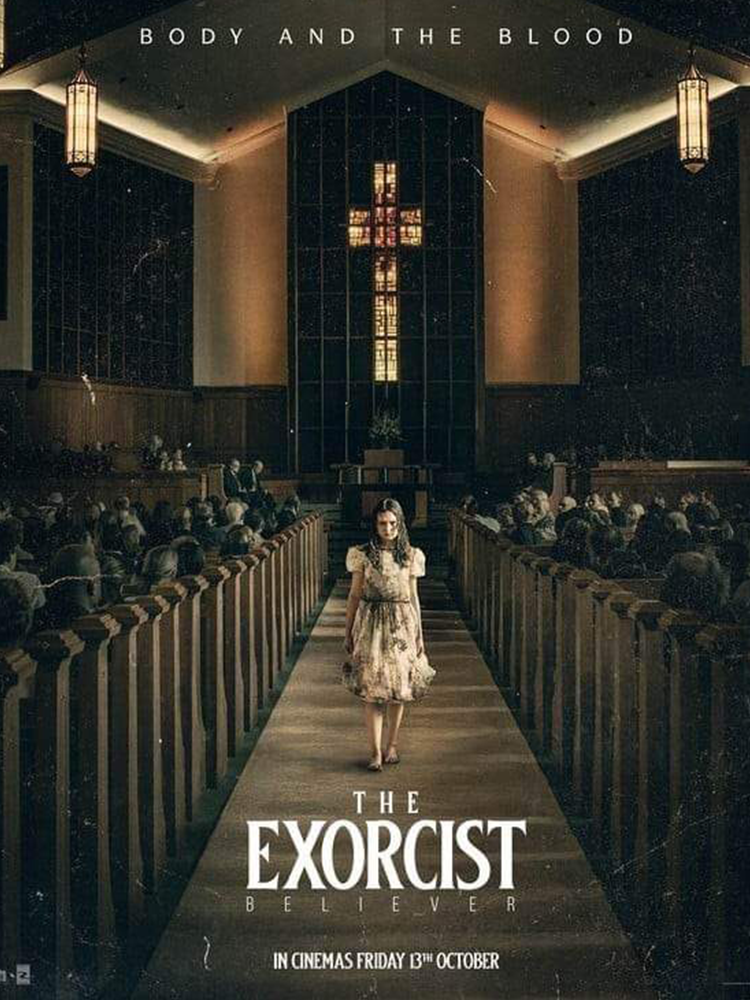 a movie poster for the exorcist shows a little girl in a church