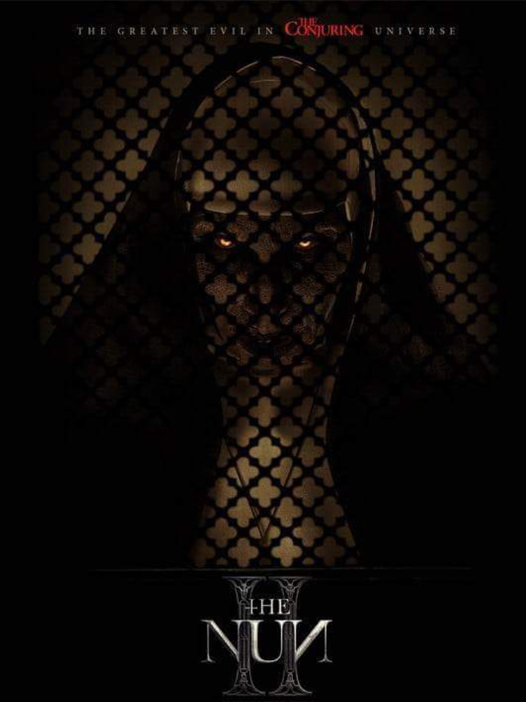 a movie poster for the nun shows a nun behind a fence .