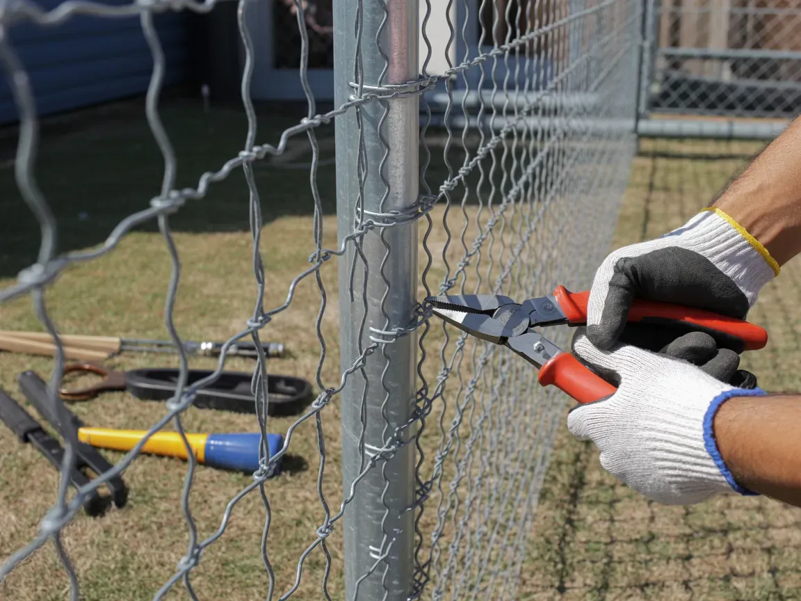 Hands in gloves using pliers to attach wire fence to a metal post outdoors.