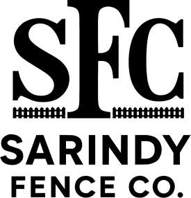 Logo for SarlIndy Fence Co. on a teal background; yellow "SarlIndy" and orange "FENCE CO." with a yellow underline.
