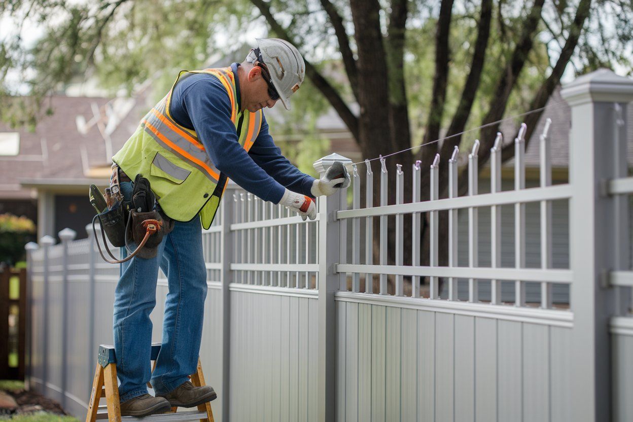 Construction worker installing a white fence, standing on a ladder. He is wearing a hard hat and safety vest.