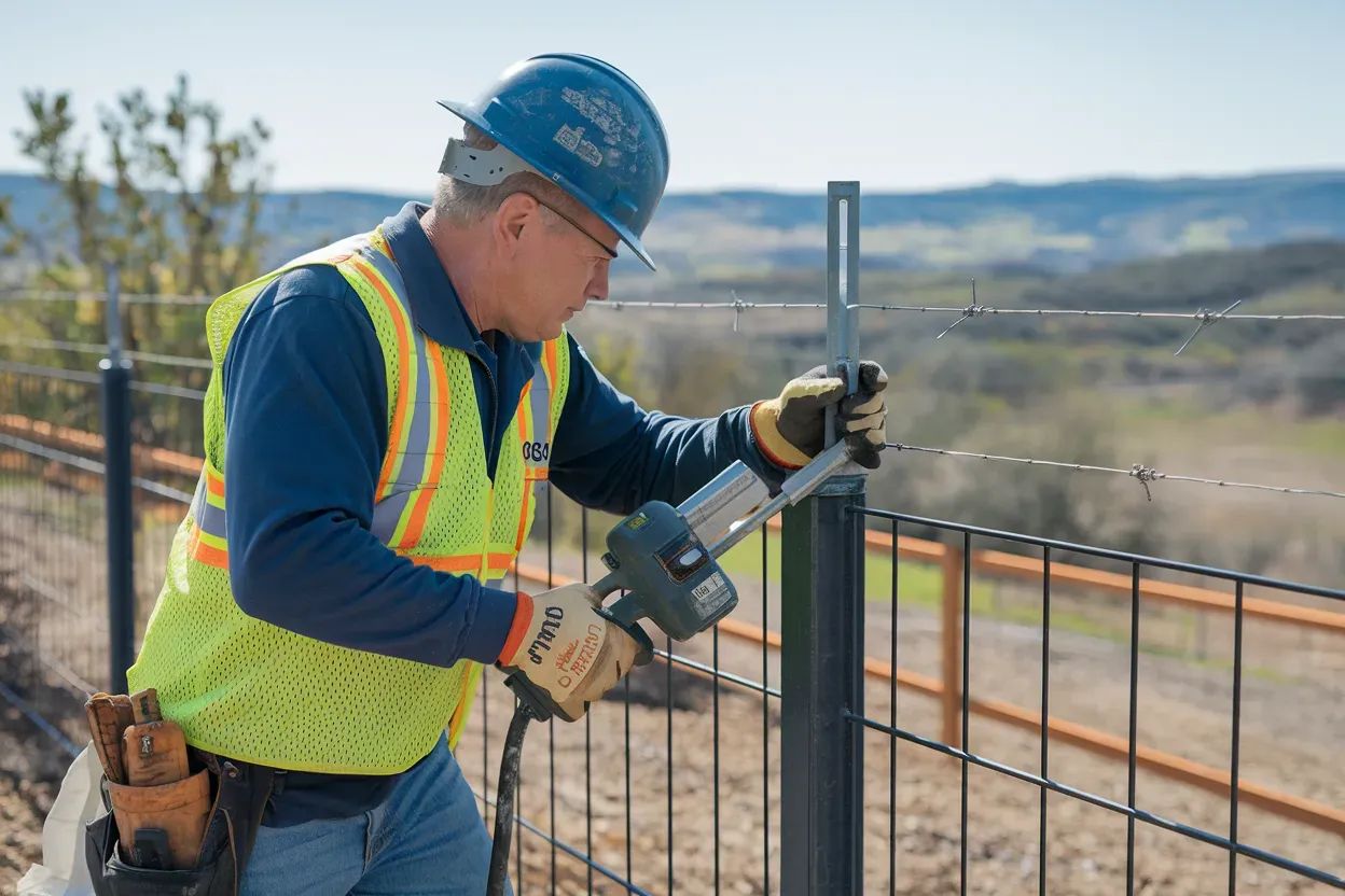 Construction worker using tool to attach wire fence to a post outdoors.