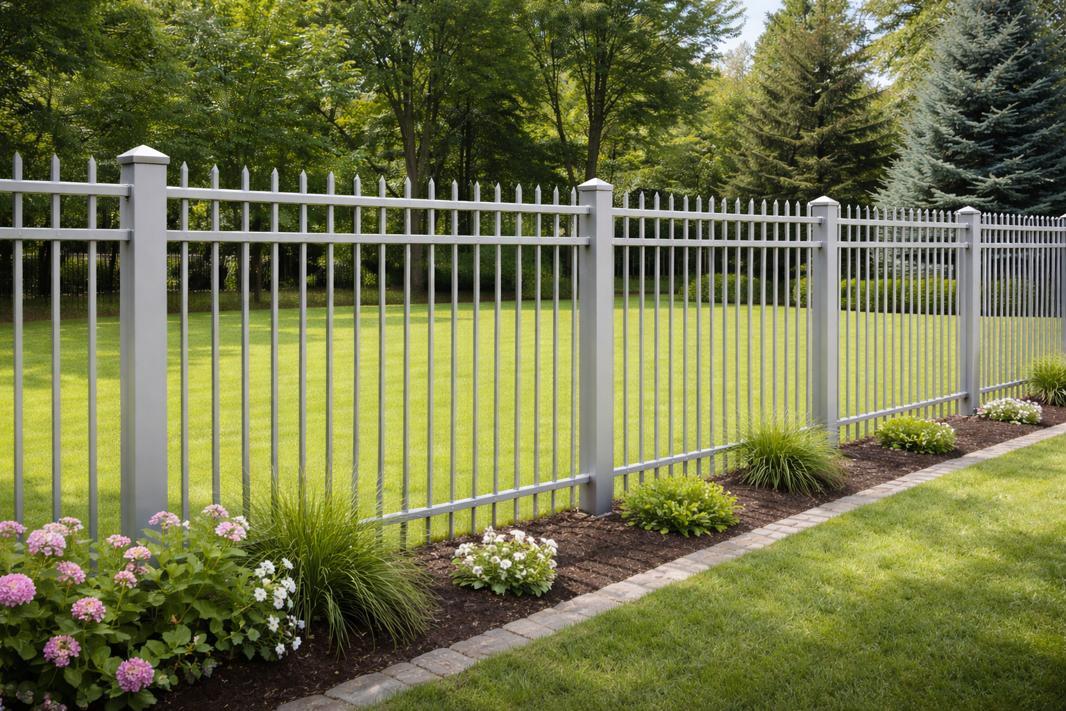 Wooden fence with brick columns and green trees and grass.
