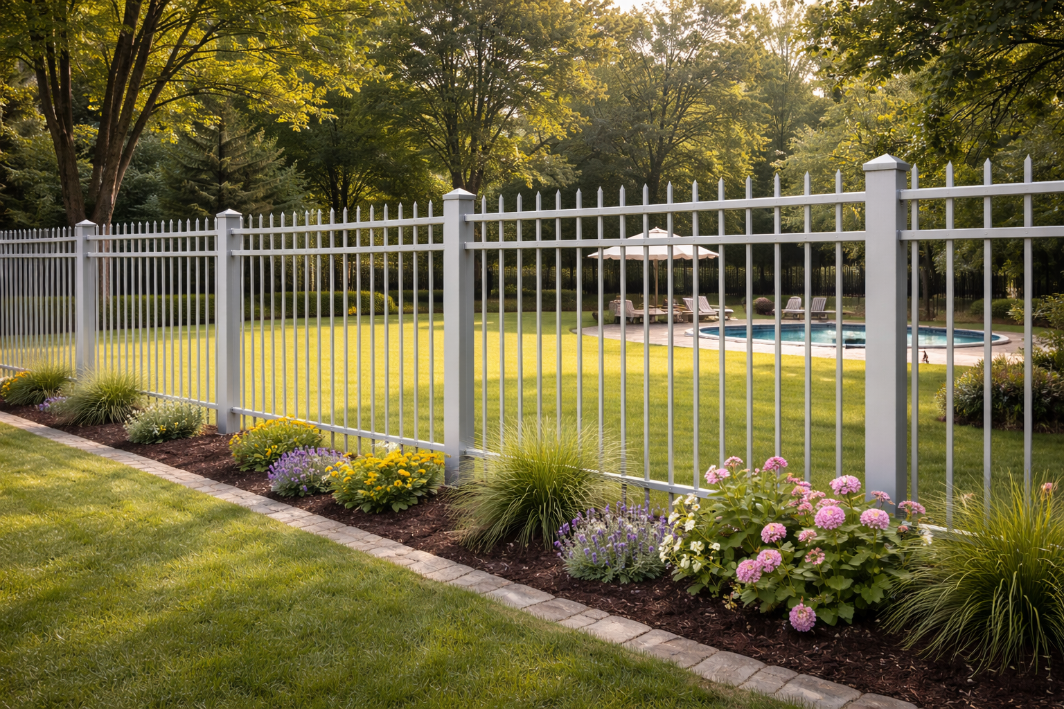 Black metal fence with hedges and green grass bordering modern townhouses.