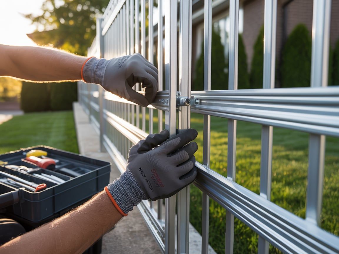Person in gray gloves installing a silver metal fence with a toolbox nearby.