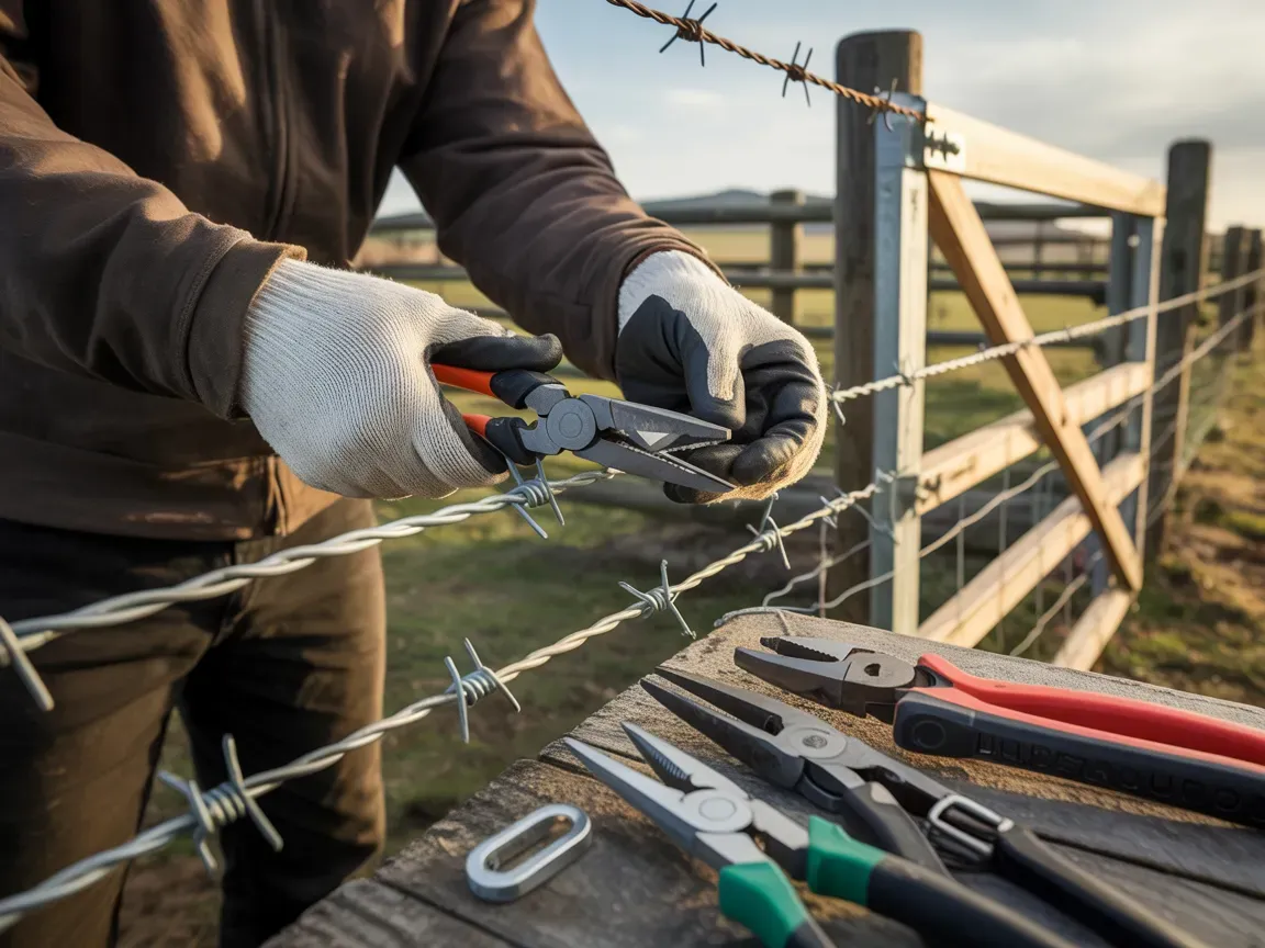 Person in gloves repairing barbed wire fence with pliers.