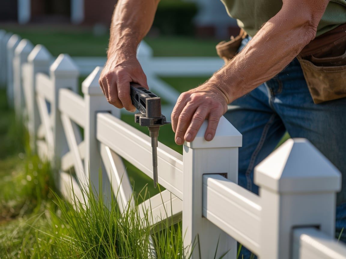 Person installing a white picket fence with a tool in an outdoor setting.