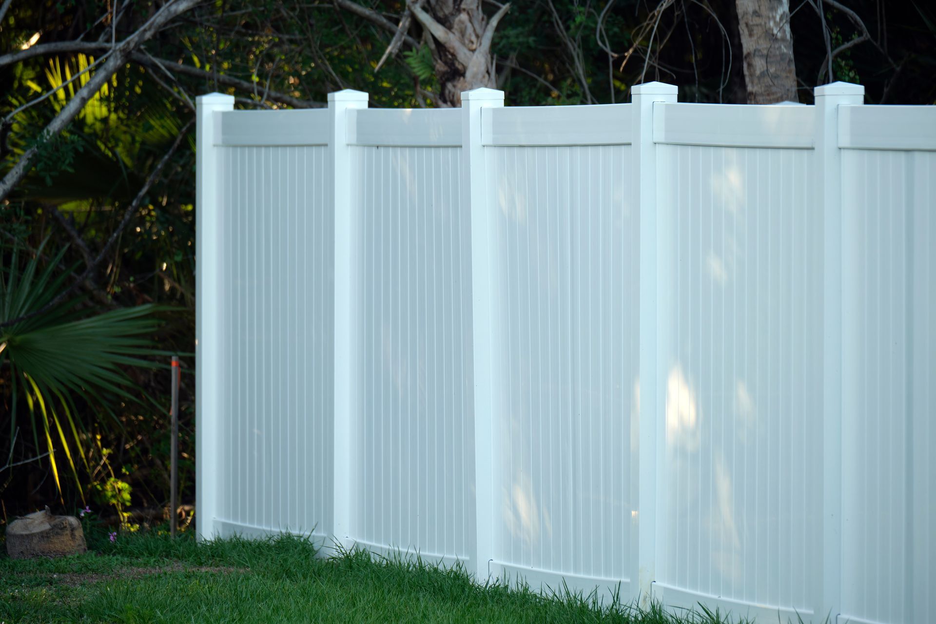 White vinyl privacy fence in a grassy yard, partially obscuring a blurred green background of trees.