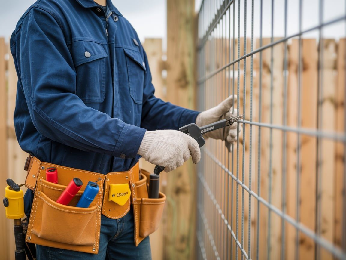Man in blue working on wire fence with tool belt.