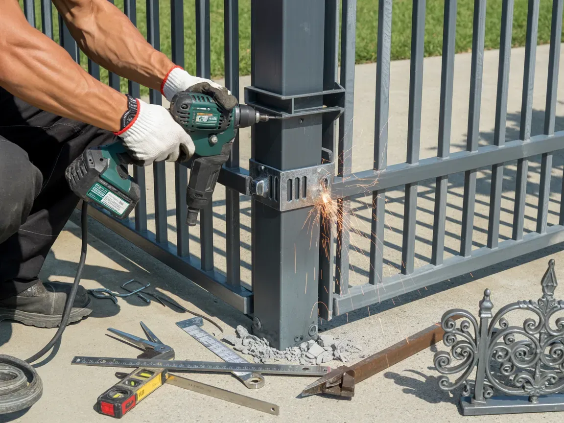 Person using a drill to attach a metal fence to a gate post outdoors; sparks visible.