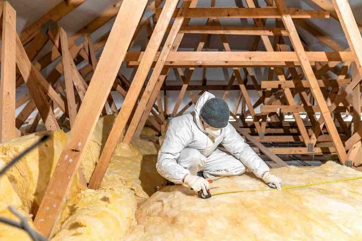 An insulation Contractor installing fiberglass insulation into an attic