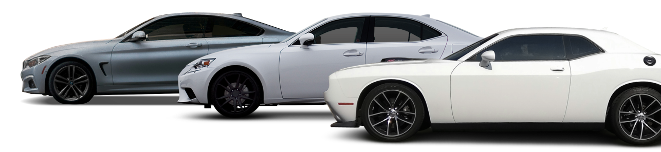 Three cars, a gray BMW, a white sedan, and a white Dodge Challenger, side-by-side.