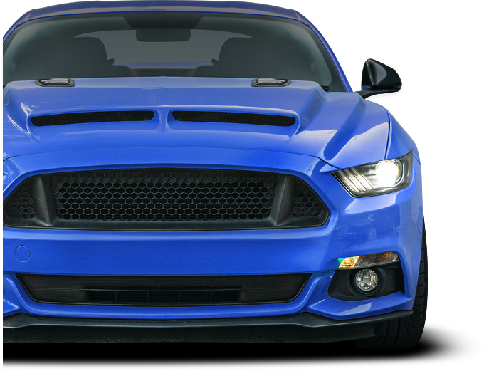 Blue Ford Mustang, front view, with black grill, hood scoop, and headlight illuminated.