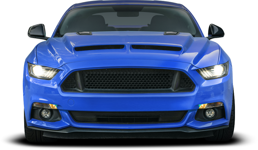 Blue Ford Mustang with a black grill, headlights on.