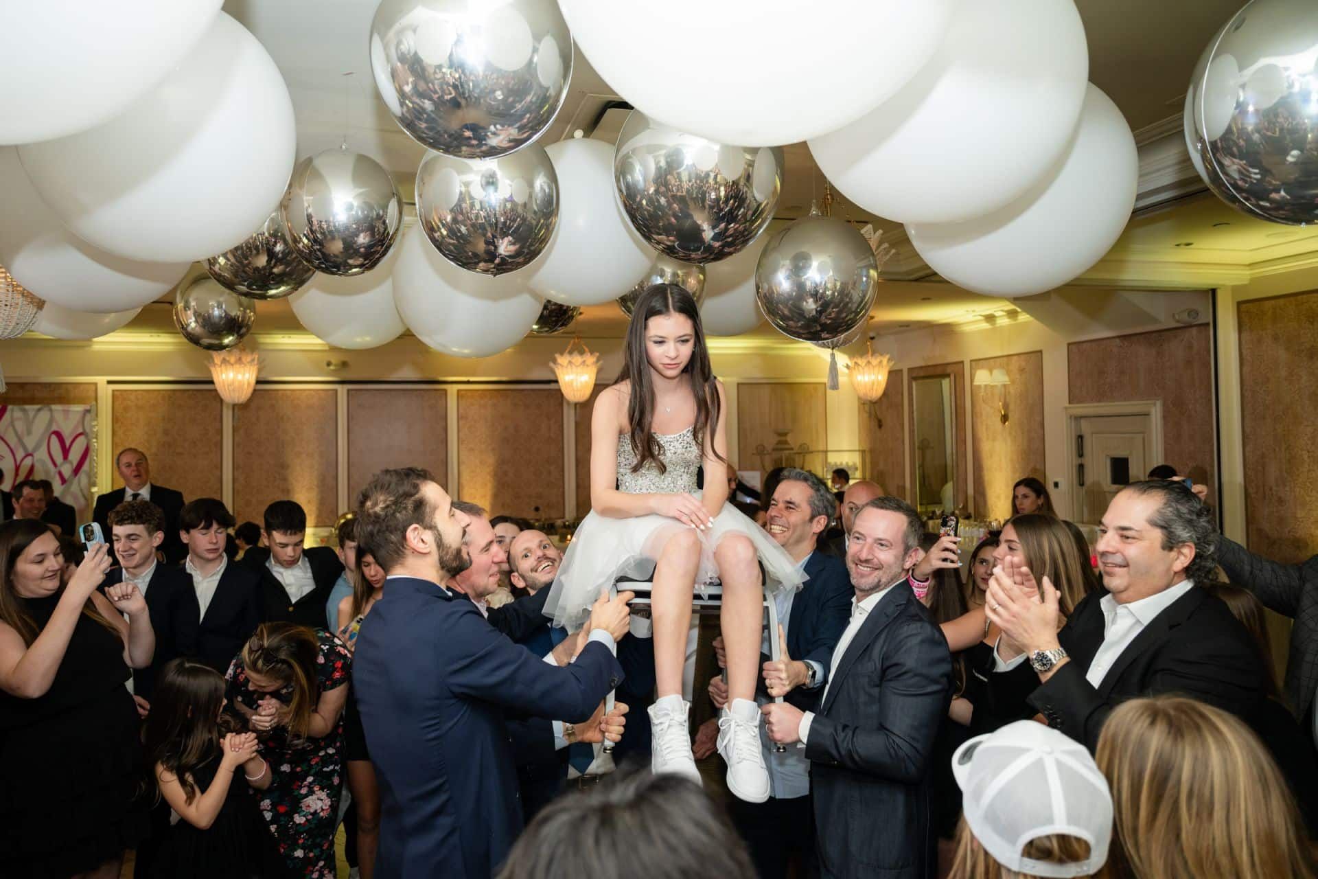 Balloons on ceiling at Bat mitzvah
