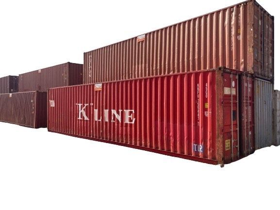 A red shipping container with the word kline on it