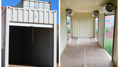 A picture of a shipping container with a door open and a picture of a shipping container with a door open.