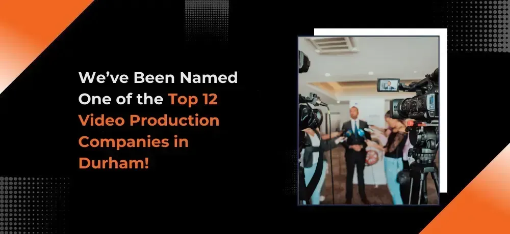 Text graphic announcing “Top 12 Video Production Companies in Durham” with a small studio photo and orange accents