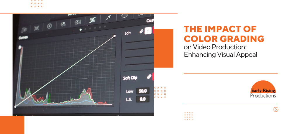 Video editing color grading slide with histogram graph and orange headline text