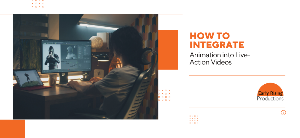 Animator at computer with multiple screens, beside text reading “How to Integrate Animation into Live-Action Videos”