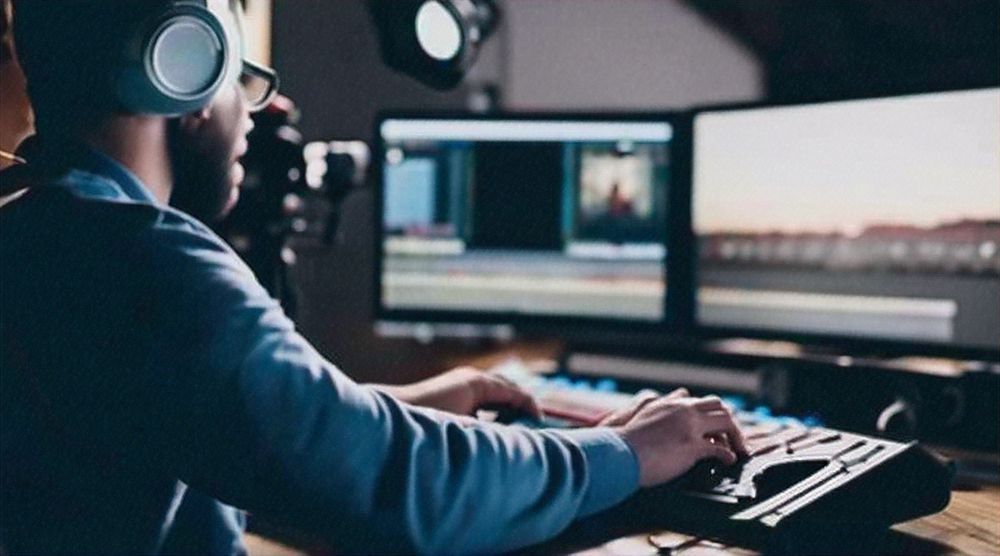 Person wearing headphones editing video at a desk with dual monitors in a dimly lit room
