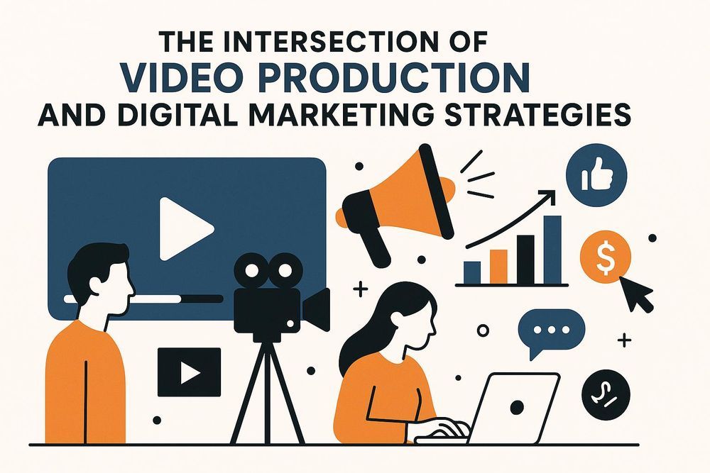Illustration of video production and digital marketing with creators, camera, play button, charts, and social icons