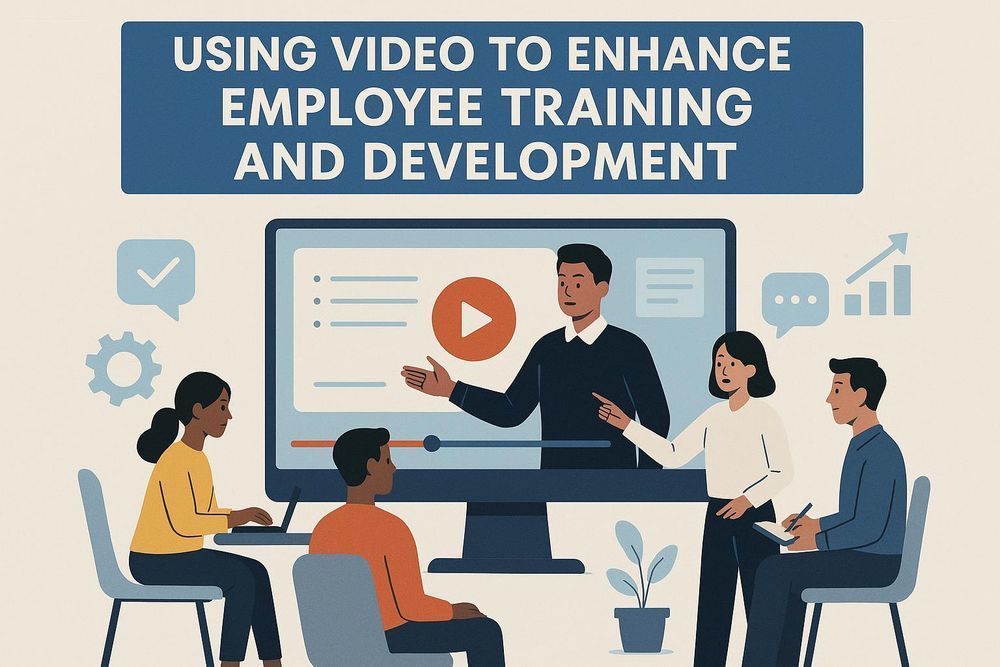 Employees in a video training session with a presenter on a screen