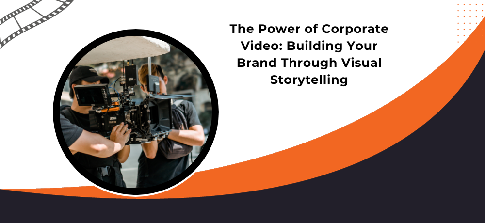 Promotional slide with camera crew and text: “The Power of Corporate Video: Building Your Brand Through Visual Storytelling”