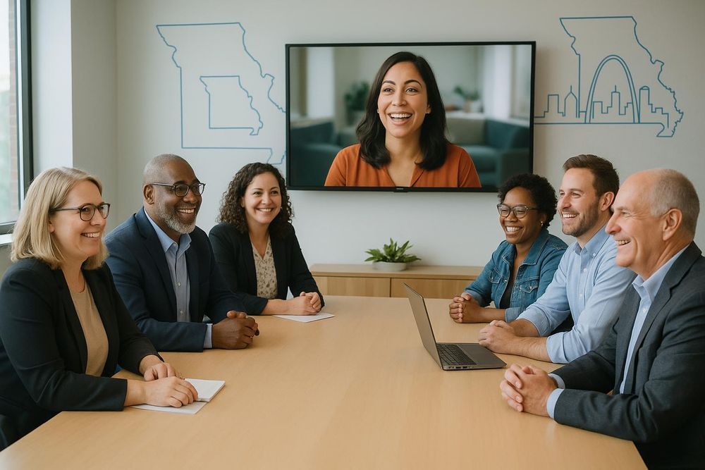 Video conference meeting in a conference room with six people around a table and a woman on a wall screen
